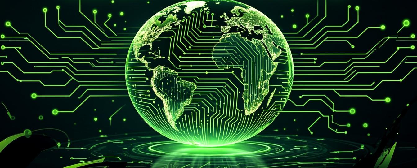Code Eternal - Globe with diagrams and connected nodes